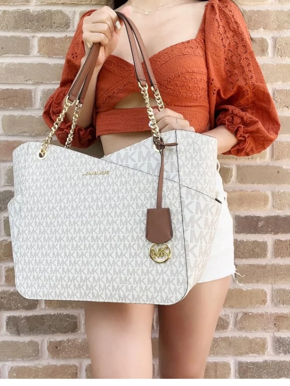 Michael Kors Jet Set Cream and Brown MK Signature Tote with Gold Hardware